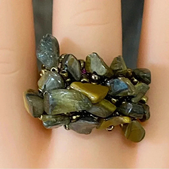 Tiger Eye Brown Handmade Seed Bead and Stone Chips Stretch Ring - Picture 1 of 3